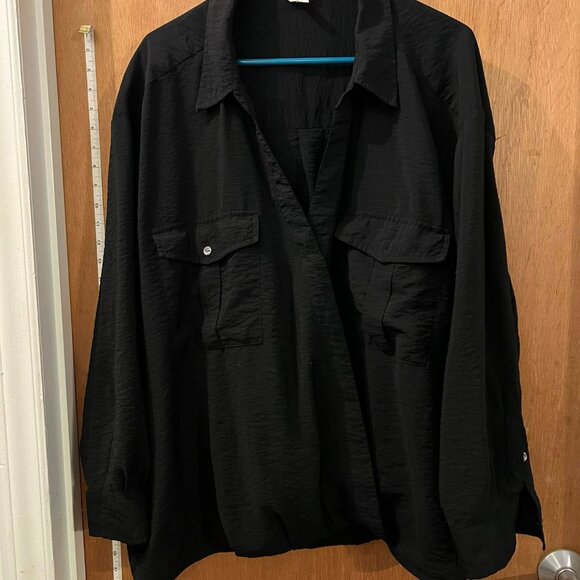 Size 4X(28/30W) - Terra & Sky - Black Roll Sleeve Blouse - Cross Over Front - Picture 1 of 8